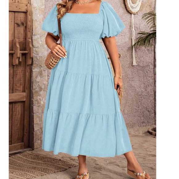 Solid Smocked Bodice Puff Sleeve Ruffle Hem Dress - Picture 3 of 7